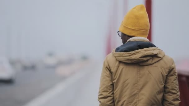 Vista posteriore dell'uomo da solo andare su un ponte e pensare — Video Stock