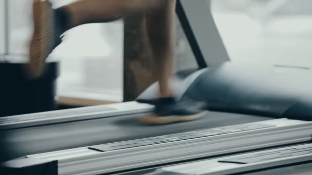 Мужские ноги бегают по беговой дорожке в спортзале — стоковое видео