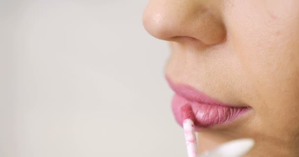Close up van visagist vrouwelijke lippen, dagelijkse zachte make-up kleuren — Stockvideo