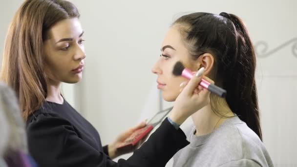 Visagiste faisant maquillage pour le modèle avec brosse dans le salon de beauté, tonifiant la peau — Video