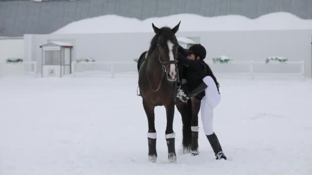 Ryttarinna klättrar upp på hästryggen i en snöig vinterdag — Stockvideo