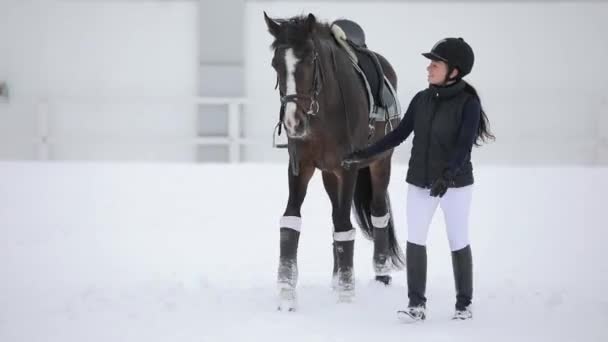 雪の降る冬の日に馬と一緒に歩いている女性 — ストック動画