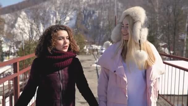 Mujeres felices amigas divirtiéndose, caminando en puente en invierno día soleado — Vídeos de Stock