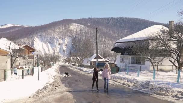 春天阳光明媚的日子, 两个女孩的朋友走在乡间小路上 — 图库视频影像