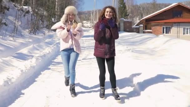 Twee vrouwen maken volg mij gebaar voor tot berg in besneeuwde dag — Stockvideo