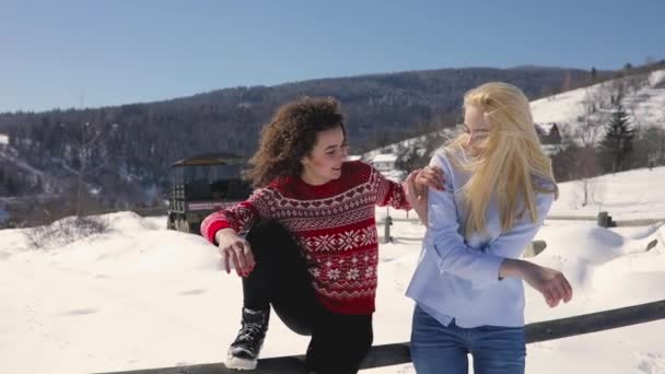 Щаслива свобода молоді жінки друзі на паркані з піднятими руками — стокове відео