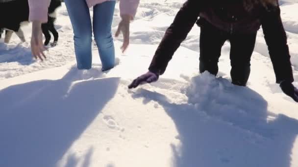 Счастливые молодые женщины друзья бросают снег в зимний снежный горный пейзаж — стоковое видео