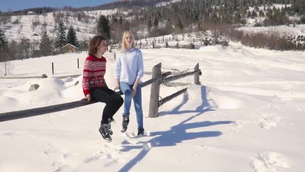 Счастливые молодые женщины друзья сидят на заборе, снежный горный пейзаж вокруг — стоковое видео