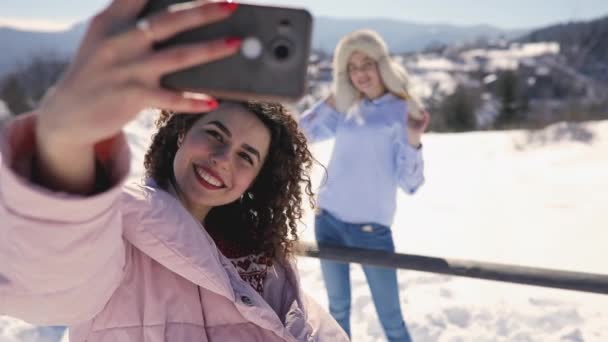 Chicas amigos haciendo foto móvil en el paisaje de montaña nevado — Vídeos de Stock