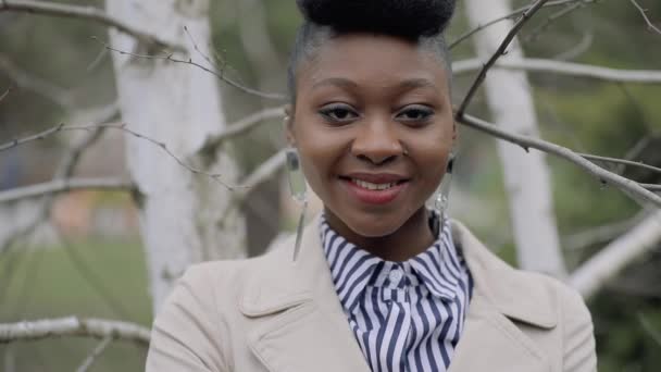 Улыбающееся лицо молодой афро-американской стильной женщины — стоковое видео