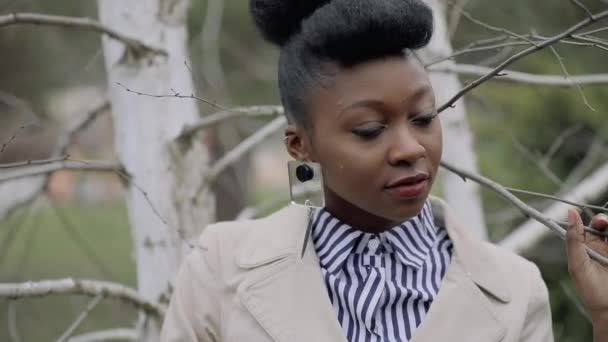 Modieuze, stijlvolle vrouw portret in park in de buurt van boom — Stockvideo
