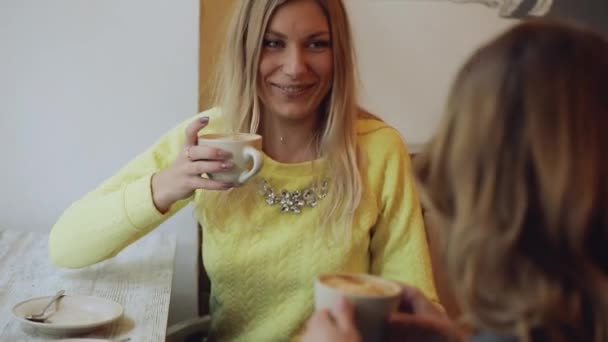 Mädchen unterhalten sich im Café und trinken Kaffee — Stockvideo