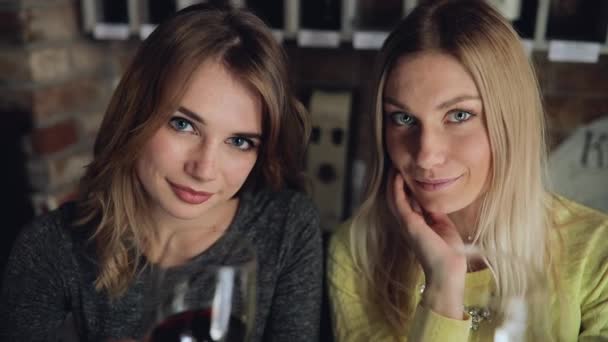 POV, duas mulheres colam copos de vinho comigo — Vídeo de Stock