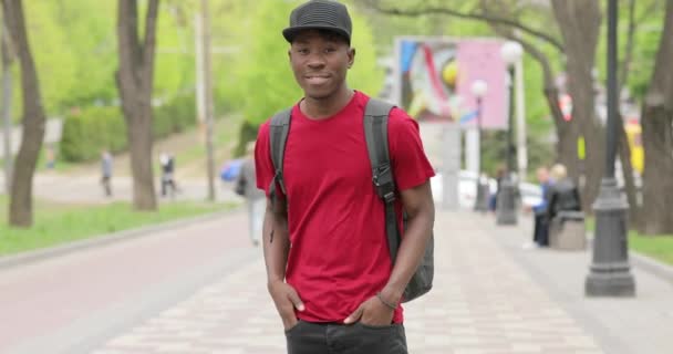Αφρικανική αμερικανική άνθρωπος πορτρέτο, φοιτητής, χαμογελώντας με τα χέρια σταυρωμένα — Αρχείο Βίντεο