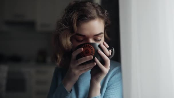 Jolie jeune femme buvant du thé à la maison regardant par la fenêtre — Video