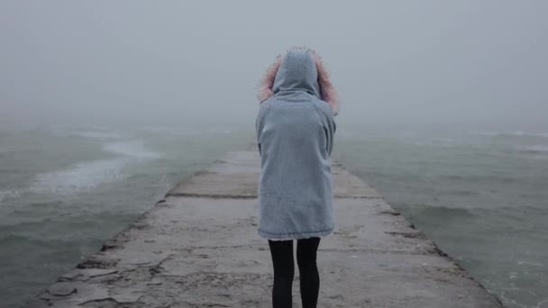 Samotná žena kráčí po vlnolamu, pohled zezadu — Stock video