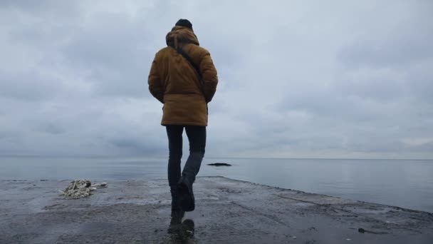 Bakåt syn på man tittar på havet stående på havet piren — Stockvideo