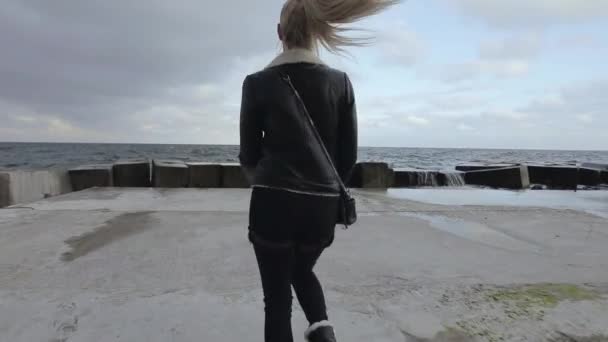 Lycklig kvinna springer nära havet njuter av naturen — Stockvideo