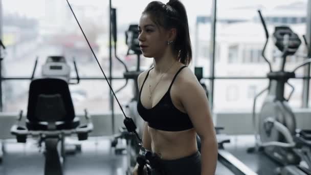 Donna che fa esercizio tricipiti su apparecchi di allenamento in palestra — Video Stock