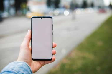 Hand holding smartphone with blank display in city