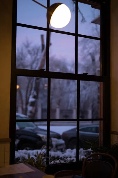 Cafe window with beautiful winter background — Stock Photo, Image