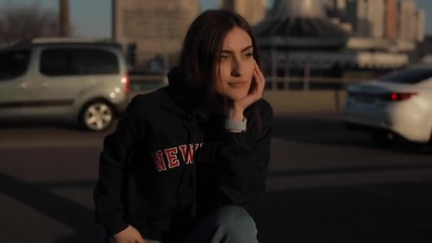 Thinking and dreaming woman on a bridge — Stock video