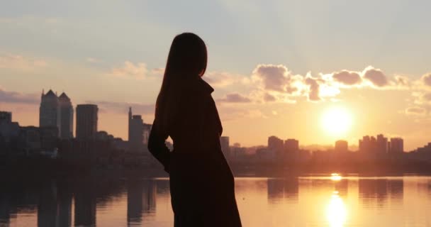 Silueta de mujer mirando el atardecer del paisaje urbano — Vídeo de stock