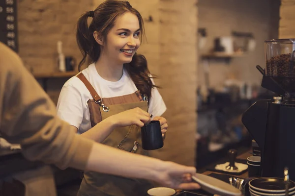Young Cheerful Barista Woman Make Coffee Cafeteria — Stock Photo, Image