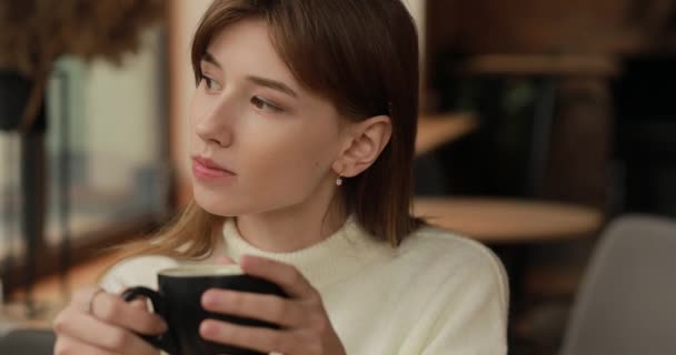 Coffee break of woman in cafe — Stock Video