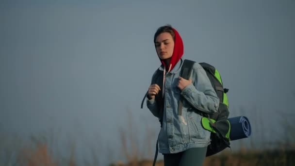 Mulher turista caminhadas com mochila grande em uma natureza — Vídeo de Stock