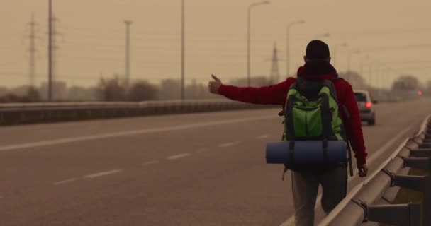 Toerist gaat langs de weg vangt een auto — Stockvideo