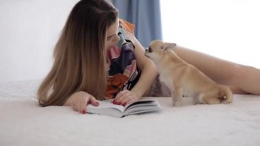 Evde köpeği olan bir kadın kitap okuyor. 