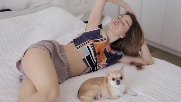 Vrouw strijken hond thuis op bed — Stockvideo