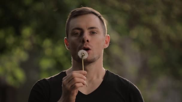 Man blowing dandelion at summer — Stock Video