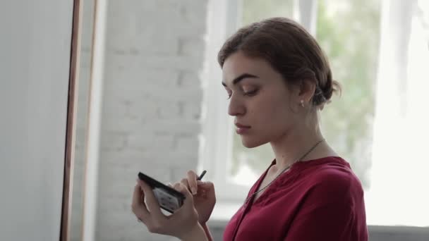 Hermosa mujer usando cepillo cosmético para maquillaje — Vídeo de stock