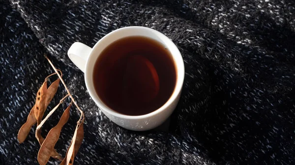 Schwarzer Tee mit Zitronenscheibe in weißer Tasse auf dem Hintergrund von Strick — Stockfoto