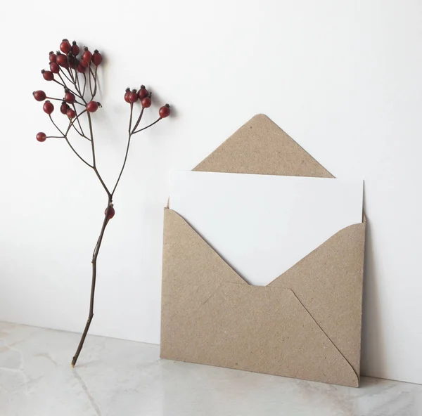 Craft paper envelope with empty white greeting card and red berr — Stock Photo, Image
