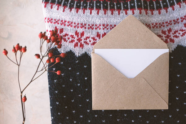 Mail template with empty white greeting card and red berry on Ch