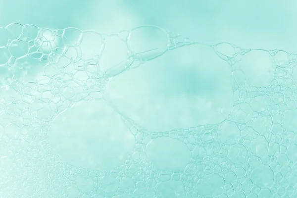 Szappan Vagy Sampon Hab Textúra Szelektív Fókusszal Makro Buborékok Aquamarin — Stock Fotó