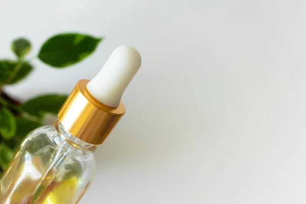 Close-up oil face moisturizer in glass bottle and leaves on white background, copy space. Skincare beauty product. Concept natural bio organic cosmetic