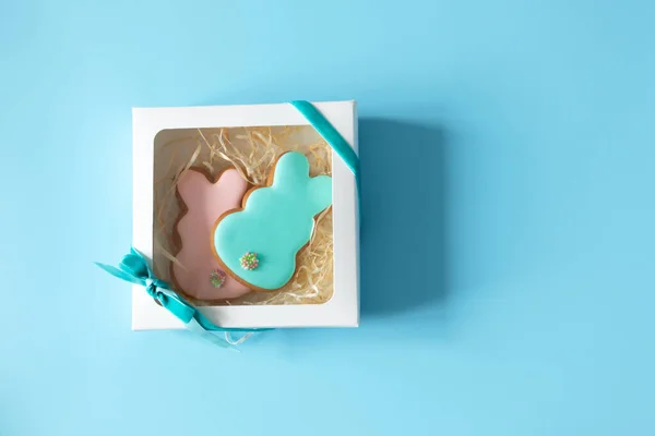 Funny Glazed Cookies Rabbit Shape Gift Box Blue Background Copy — Stock Photo, Image