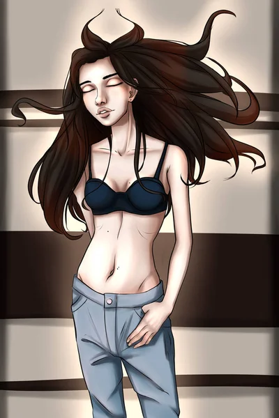 Hermosa Chica Pantalones Ilustración Brunette Pelo Largo — Foto de Stock