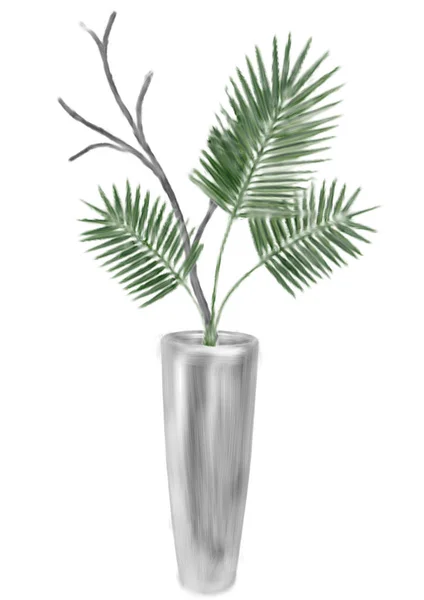 幼稚画，干枝插在花瓶里，棕榈树的树枝 — 图库照片