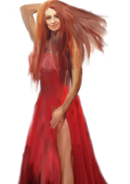 Ένα Όμορφο Κορίτσι Ένα Κόκκινο Φόρεμα Που Περπατάει Προς Την — Φωτογραφία Αρχείου