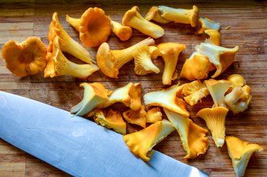 Yenilebilir mantarlar masanın üzerinde, bıçağın yanında. Çorba sosu için kesilmiş mantar horozu kesim tahtasının üzerinde yatıyor. Mantar mevsimi. Yemek için sepette bir sürü mantar toplama zamanı..