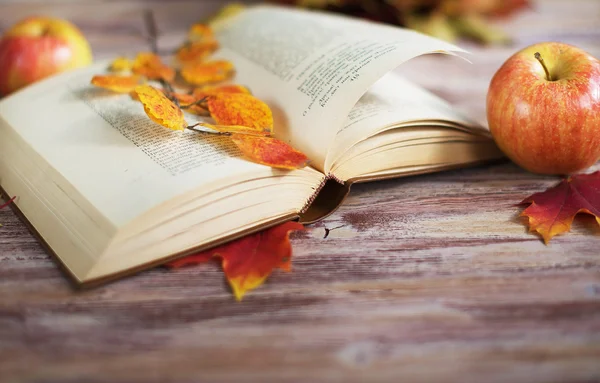 Autumn view. Book, apple and leaves on the wood background
