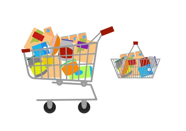 Farklı ürünler tam sepetle. Düz vektör simgesi. Vektör çizim