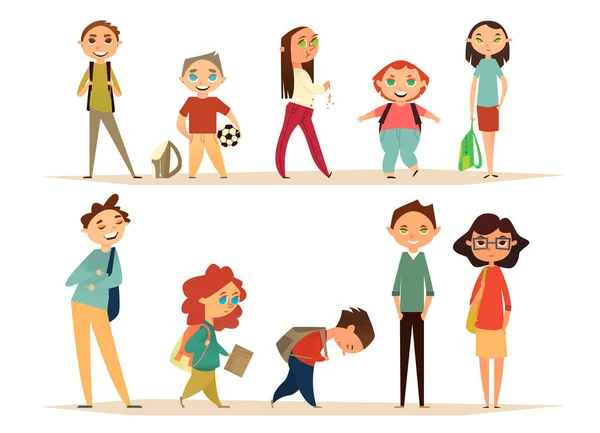 Okul karakterleri ayarlayın. Çizgi film karakterleri tasarımınız için. Düz tasarım. Çocuklar okula gitmek.