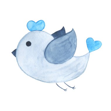 Beyaz bir arka plan üzerinde izole el çizilmiş suluboya mavi kuş