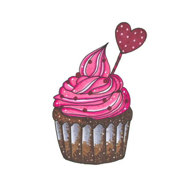 Disegnato con pennarelli cioccolato cupcake con crema rosa isolato su sfondo bianco — Foto Stock